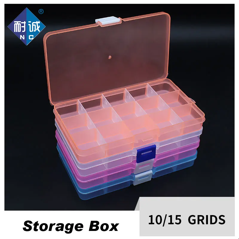 10/15Grids Plastic Box Adjustable Jewelry Box Beads Pills Nail Art Storage Box Organizer for office housekeeping organization-.-