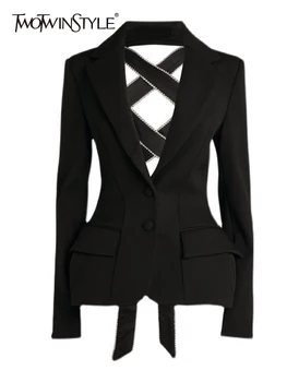 Twoskinyle-女性用包帯ブレザー,結び目のある襟をノッチするための長袖ジャケット,無地,2022スタイル