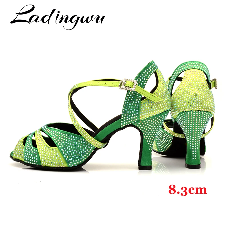 Ladingwu Rhinestone Dance Shoes Latin Salsa Dance Girls Shoes Dark Green Light Green Gradient Dance Shoes Women Pink Small mouth