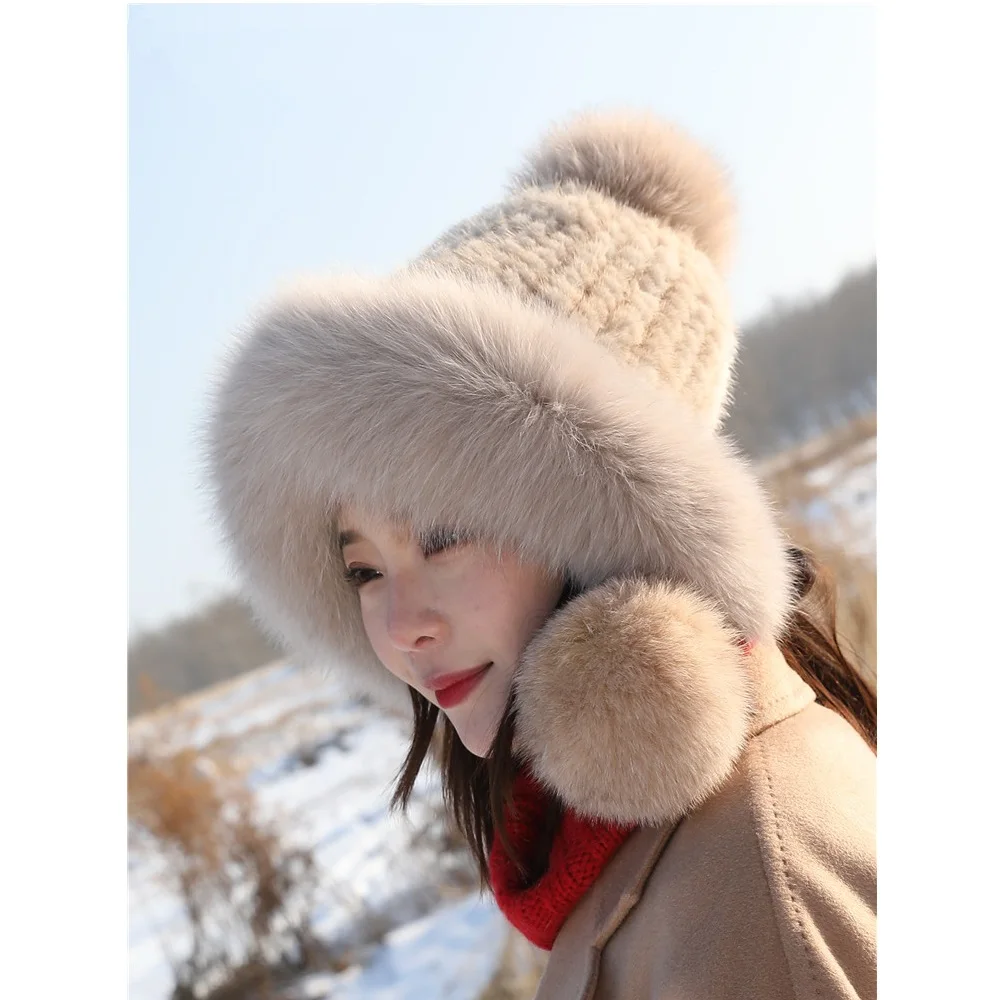 

Russian Knit Cap New Design Natural Mink Fur Hats of Real Fox Fur Pompom Ball Winter Women Ski Caps Ear Protection Headwear H32