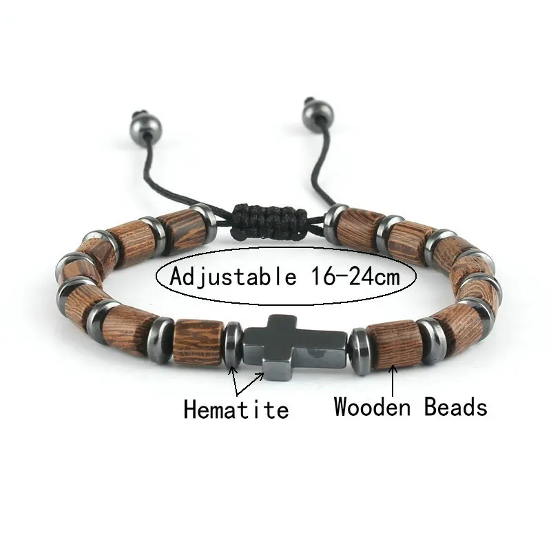 Hematite Cross Charm Bracelet Handmade Adjustable String Chain Lucky Wooden Beads Bracelets for Women Men Jewelry Friend Gift