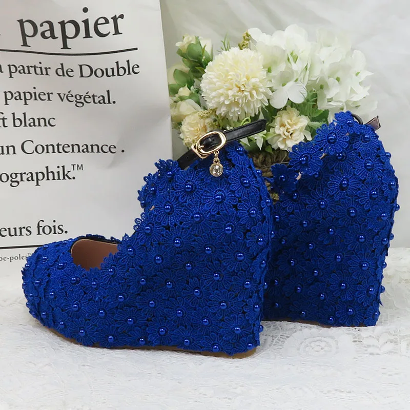 BaoYaFang  Royal Blue Ankle Strap Wedding shoes high heels platform shoes Wedges Flower Woman Pumps High Shoes Buckle Round Toe