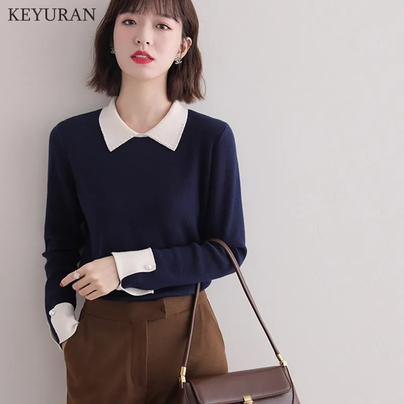 Women Knitted Sweater Pullover Autumn Korean Vintage Pearl Beading Turn-down Collar Long Sleeve Patchwork Sweater Jumper Female