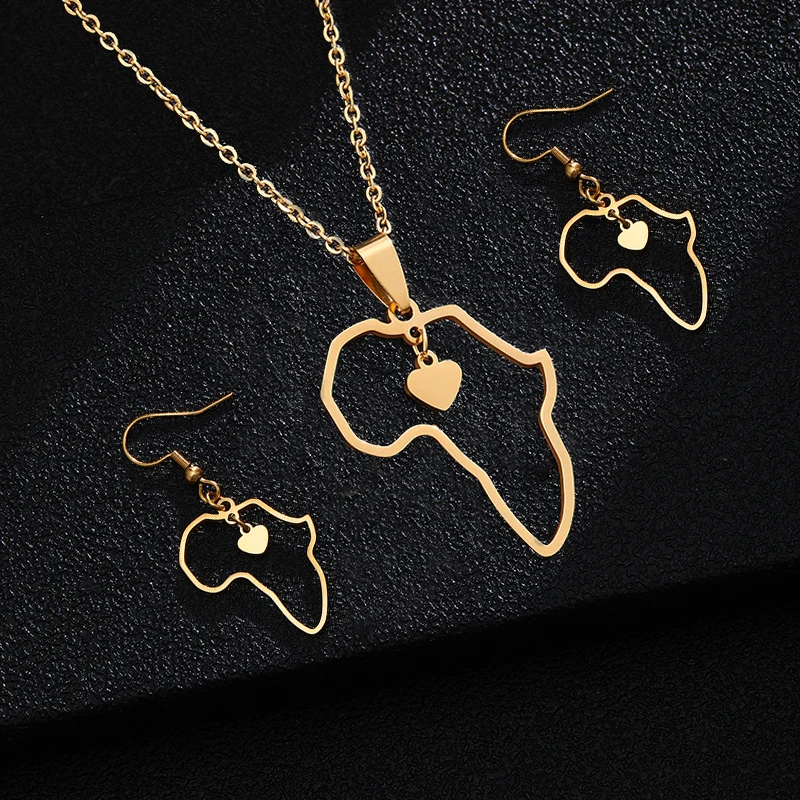 Africa Country Map Sets Pendant Necklace and Earrings Stainless Steel Gold/Steel Color Women African Ethnic Jewelry Gift