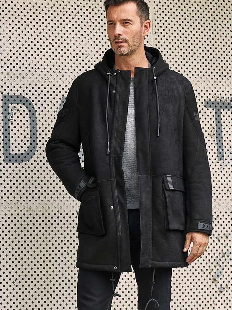 

Denny&Dora Men's Shearling Jacket - Black Long Sheepskin Coat, Leather Overcoat with Winter Fur Lining