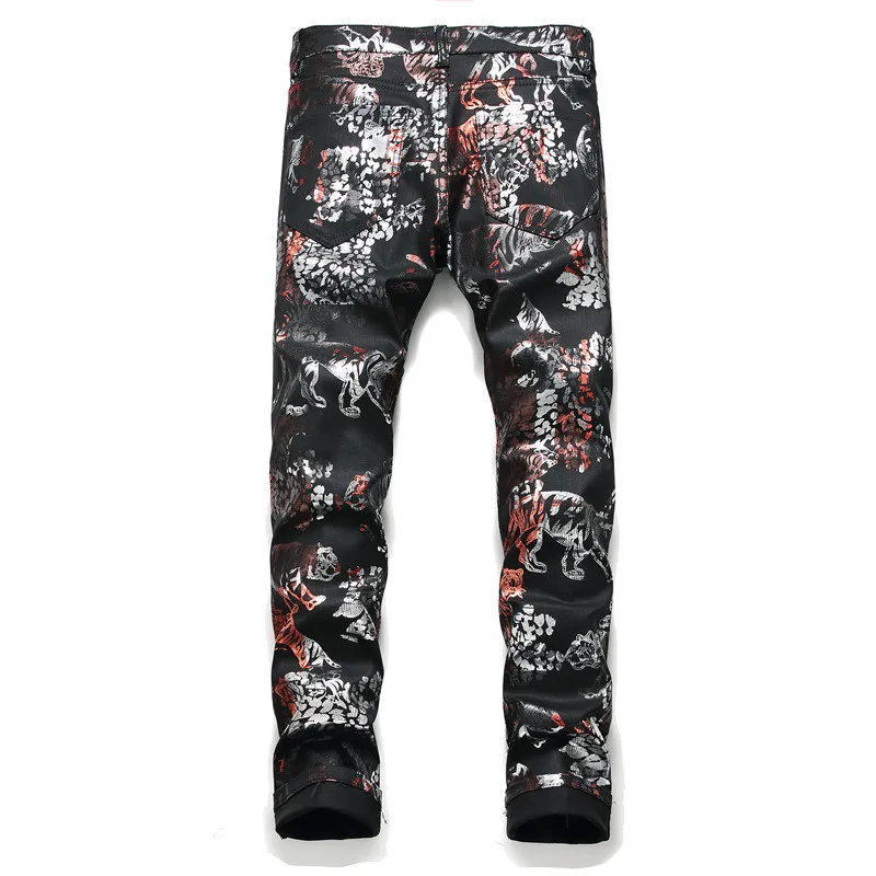 Leopard Pattern Mens Stretch Denim Tiger Print Designer Skinny Jeans Fashion Painting Nightclub Pants