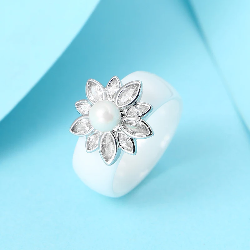 Romantic and Shiny Flower Ring 8mm WHITE White Freshwater Pearl Ring Healthy Ceramic Material Best Mother\'s Day Gift for Woman