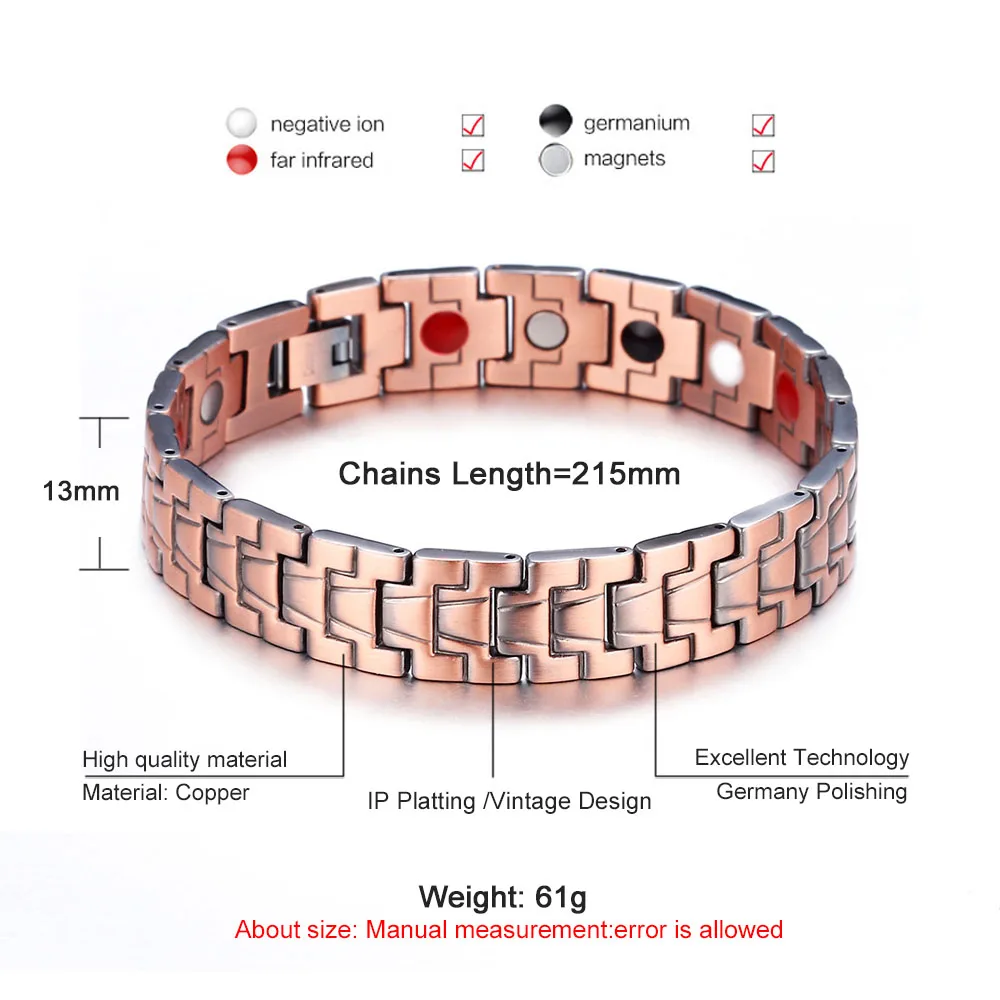 100% Pure Copper Germanium Magnetic Bracelet for Men Therapy Energy Bracelet Health Care Male Jewelry