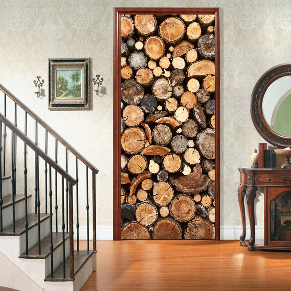 Kreative Holz Stapel Vinyl Tür Aufkleber Hause Dekoration für Küche Wc Outdoor Diy Wand Aufkleber