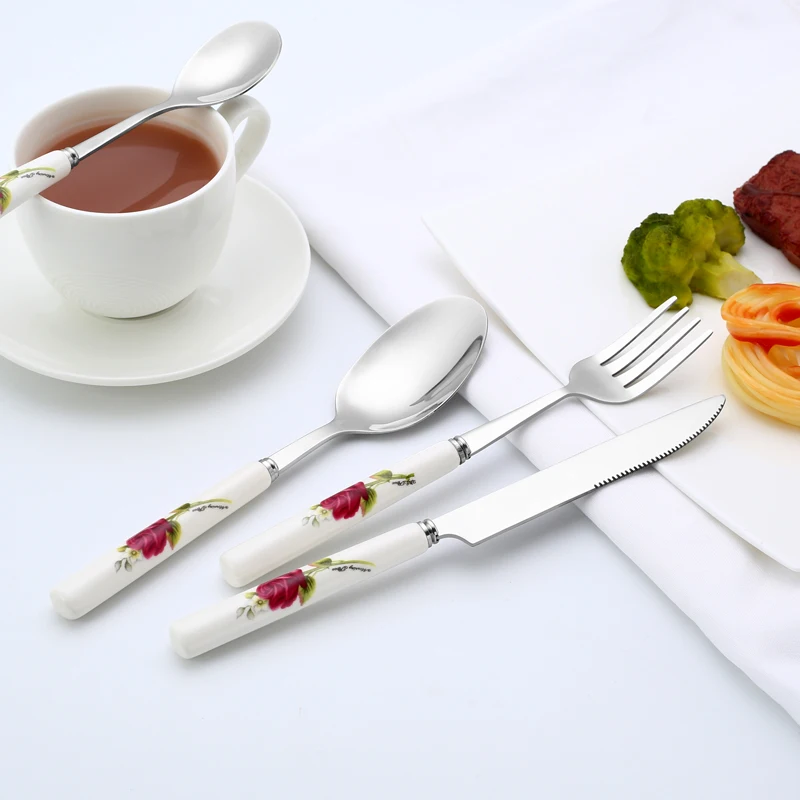 Ceramic Handle Tableware Set Stainless Steel Cutlery Set Steak Knife Fork Coffee Spoon Dessert Dinnerware Rose Flowers Pattern