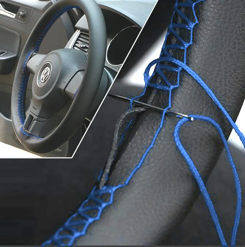 Deluxe BLUE Car Leather Steering Wheel Cover Sports Non Slip PU 37- 38cm 15\