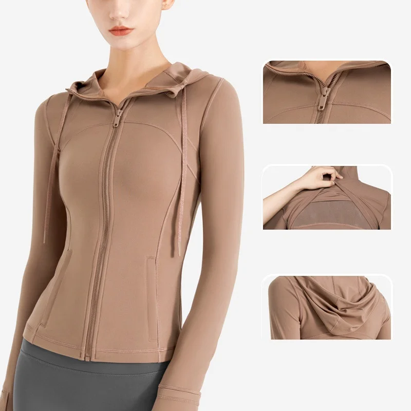 Solid Color Women Fitness Hooded Sweater Jacket Sports Top Mesh Breathable Hooded Windproof Zipper Coat Long Sleeve Yoga Shirt