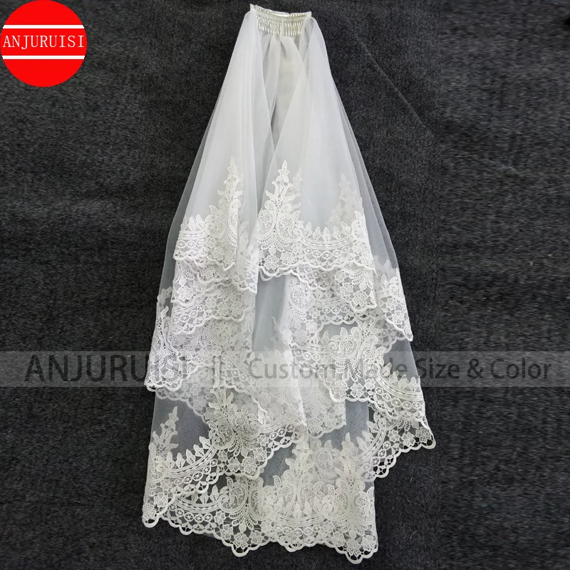 Two Layer Short Wedding Velo De Novia White Ivory Tulle Bride Veil Lace Edge Cheap Voile Mariage Welon Accessories Hot In Stock