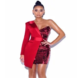 Sexy Designer Dresses Red Silver Night One Sleeved Glitter Sequin Crepe Dress Tuxedo Blazer Dress Girl Fashion Gown Party Wear