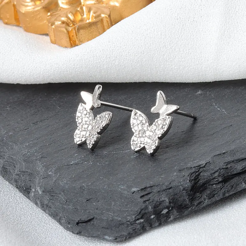 Pendientes de plata de ley 925 para mujer, aretes pequeños de mariposa Irregular con circonita, joyería