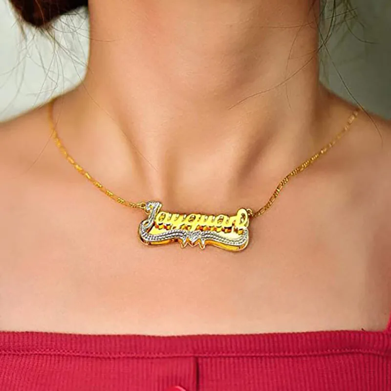 

Personalized Name Necklace With Heart Two Tone 18K Gold-Double Plated Customized Name 3D Necklace For Women Girls Jewelry Gift