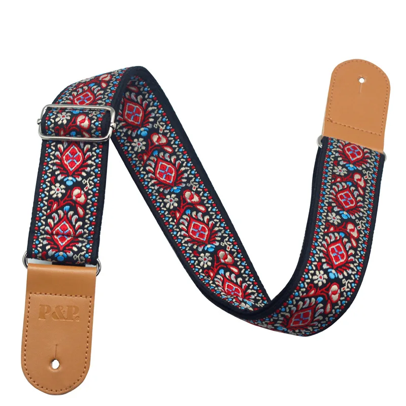 Guitar Strap Embroidery Belt Adjustable Jacquard Band with Leather End for Bass Acoustic Electric Folk Guitar Musical Instrument