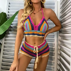 Conjunto de Bikini de ganchillo multicolor para mujer, traje de baño de punto a rayas de arcoíris con hombros descubiertos y parte inferior de Bikini, ropa de playa