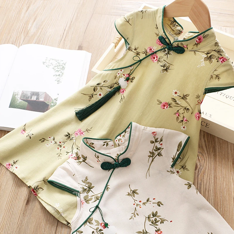 Summer New Girls Dresses Children Chinese Style Temperament Embroidered Baby Cheongsam Fringed Princess Dress