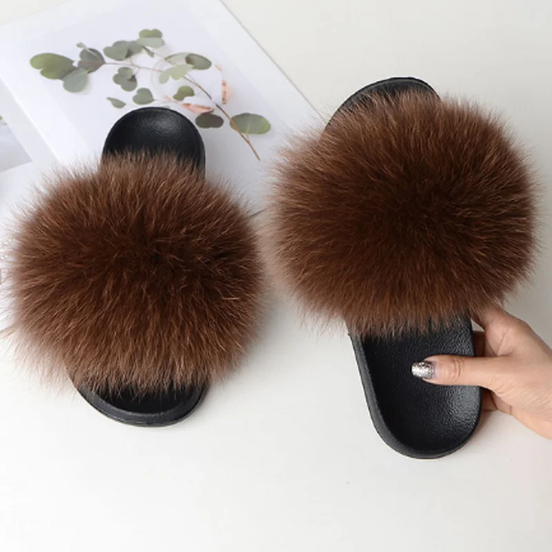 Summer Ladies New Lovely Fluffy Fur Slides Girl Real Fox Hair Slides Women Casual Fur Flat Shoes Flip Flops