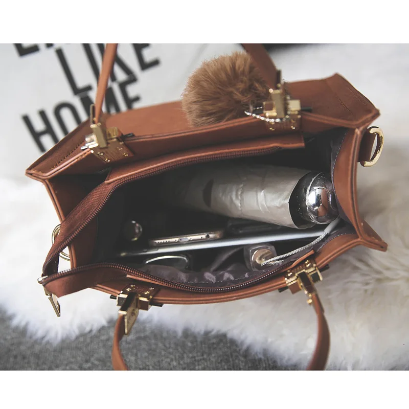 Women Bag Messenger Bag Handbag Casual Tote Bag Female Large Shoulder High Quality Suede Leather Handbag with Fur Ball