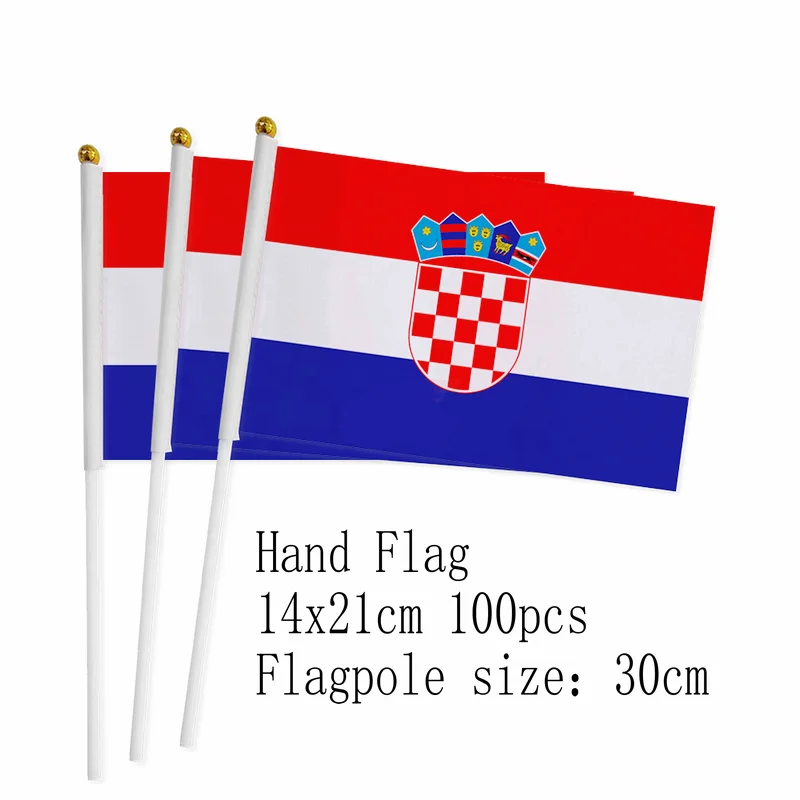 Croatia Hand Flag 14*21cm 10/20/50/100pcs polyester Croatia Small Hand waving Flag with plastic flagpole for decoration