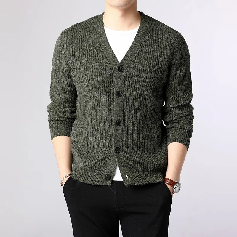 Mens V คอเดี่ยว Breasted เสื้อสเวตเตอร์ถักแขนยาวสบายๆถัก Outwear เสื้อสี SLIM FIT Man เสื้อถัก TOP cardigans