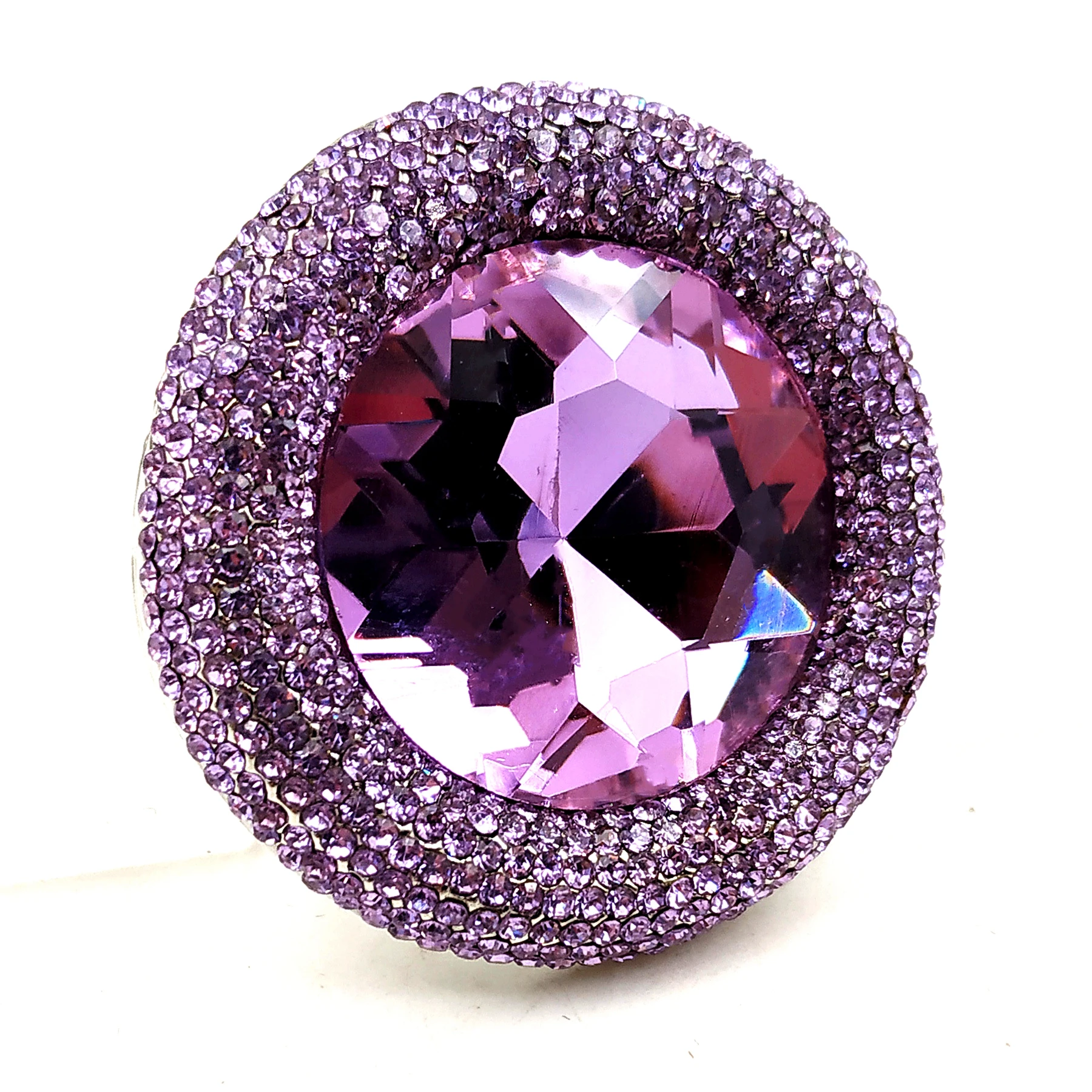 Fantastic Vintage Tinny Crystal Surrounded Large Round Lilac Purple Stone Brooch Lavender Pins for Prom Dressy Ball Gown Jewelry