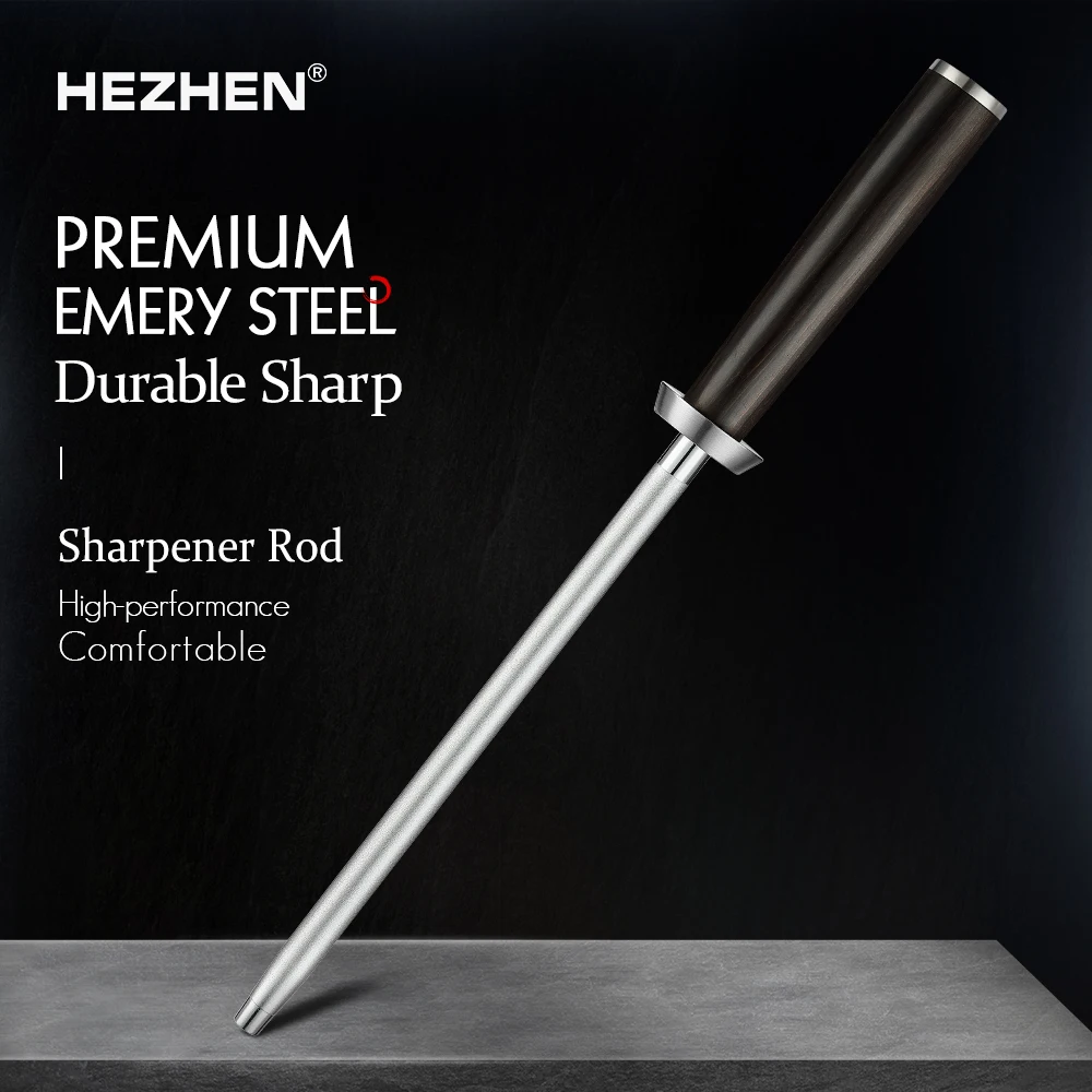 HEZHEN Classic Series Kitchen Knife Sharpener Rod High Carbon Steel Srayed Emery Kitchen Tools Gift Box Ebony Solid Wood