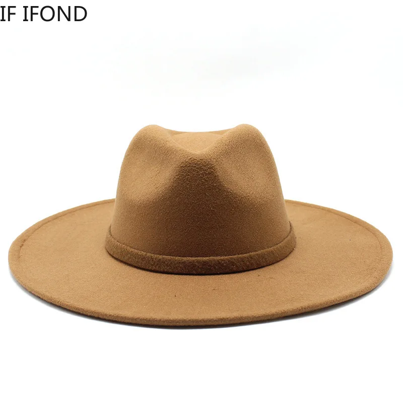 9.5CM Women Men Big Wide Brim Imitation Wool Fedora Hat British Style Winter Gentleman Elegant Lady Jazz Church Hats