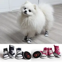 Sapato denim de lona, botas antiderrapantes para filhotes de gatinho, tênis respiráveis para cães pequenos e médios, fofos para animais, novos, 4 peças