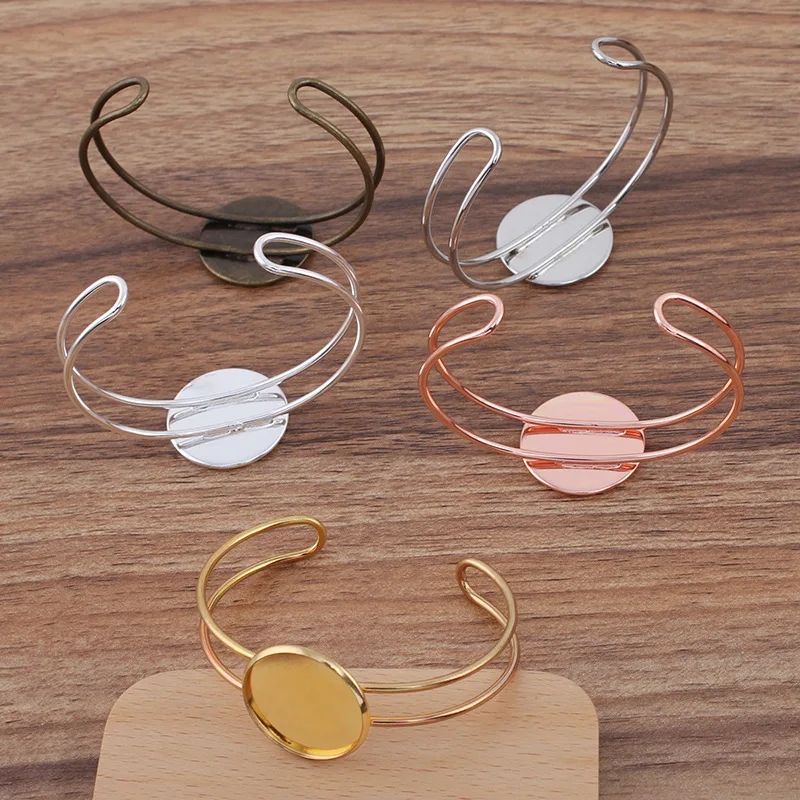 10pcs DIY Double Wire Copper Open Cuff Bangle Bracelet with 20mm 25mm Round Bezel Cameo Cabochons Base Blanks Women Men Jewelry
