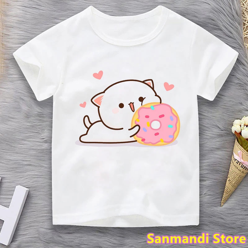 Peach Cat Love Donuts Cartoon Print Tshirt Girls/Boys Kids Clothes Birthday Gift Tops For Girl/Boys Children Clothing T-Shirt