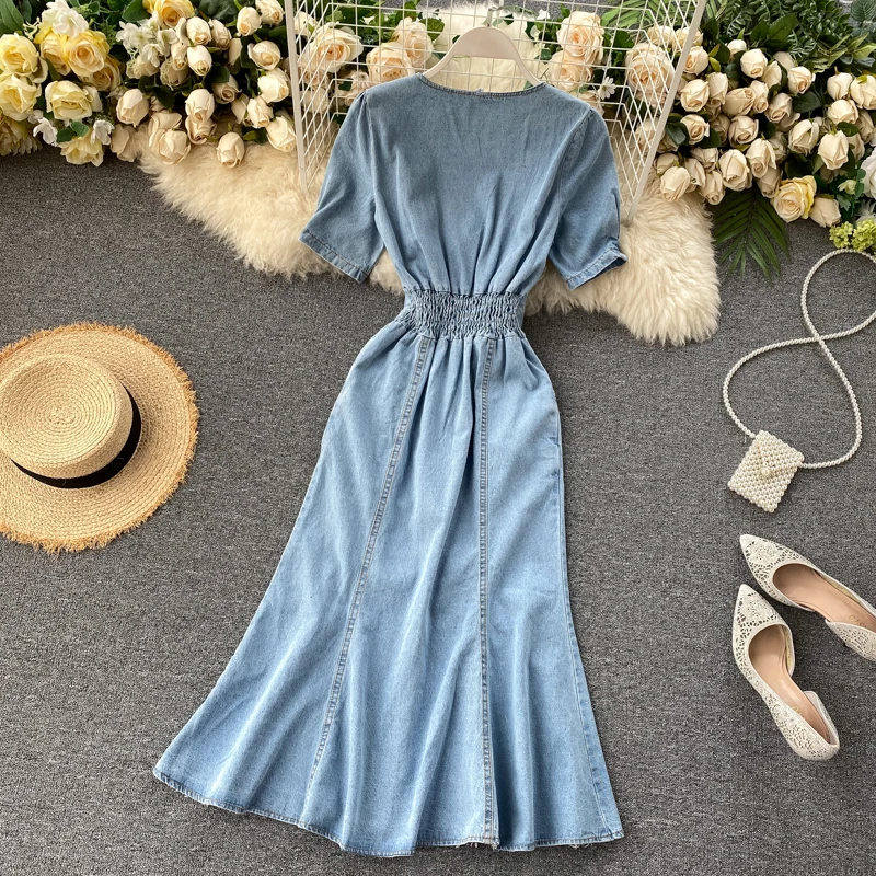 Women Summer Retro Midi Denim Dress Solid V Neck Button Sexy Split Slim Dress Korean Elegant Streetwear Ruched Dress