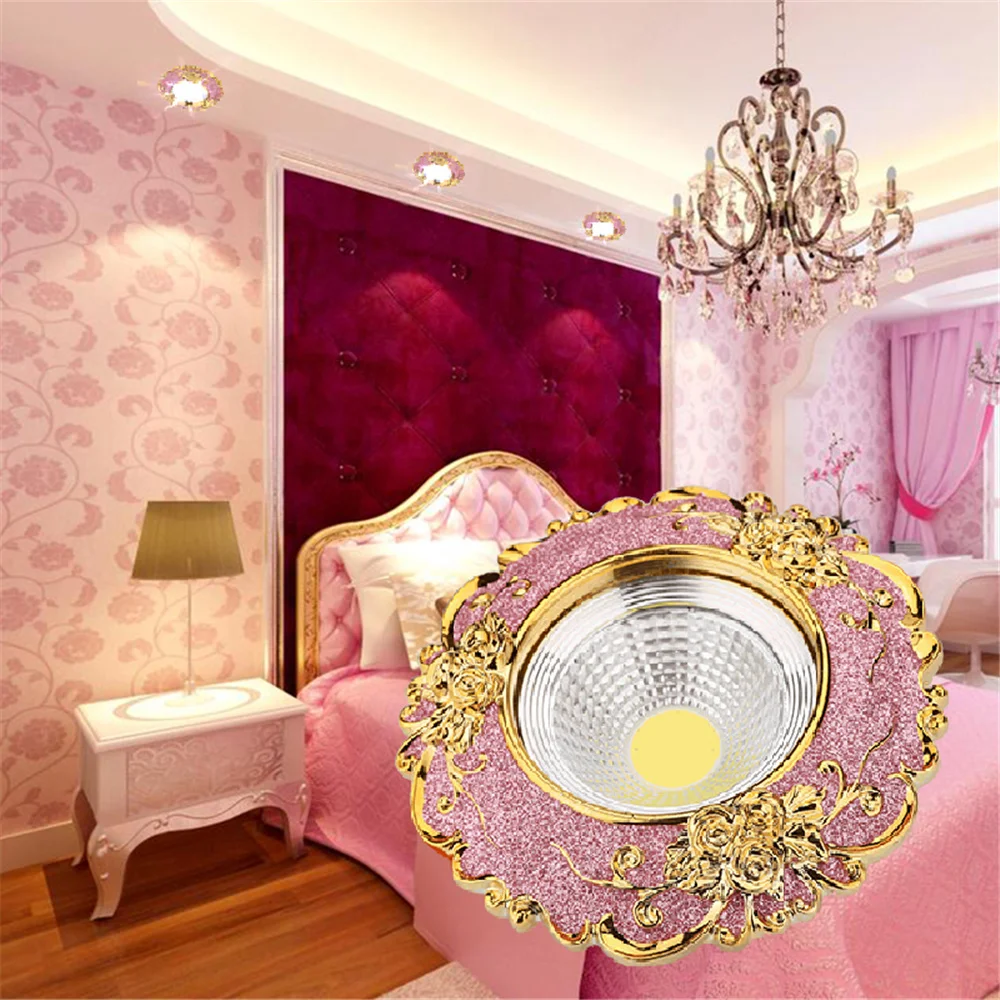 European Pink Resin Golden Lace Led Ceiling Lamp 5W 7W Indoor Home Decor Living Room Aisle Girls Recessed Spotlights 110V 220V