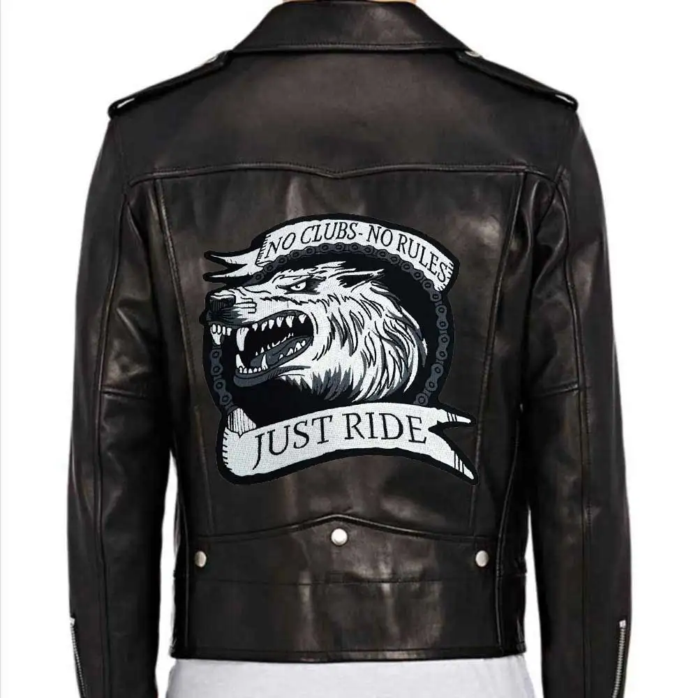 NO CLUBS NO RULES JUST RIDE Wolf Embroidery Patch Badge Cloth Leather Jacket Decoration Back High-grade Iron-On