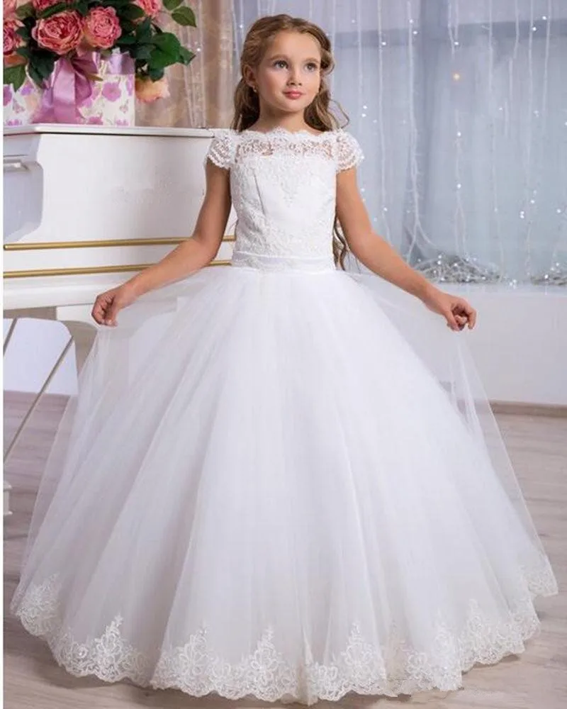 Vestido infantil de princesa, vestido rendado para festa e baile de casamento, aniversário, concurso, manga curta, costas nuas