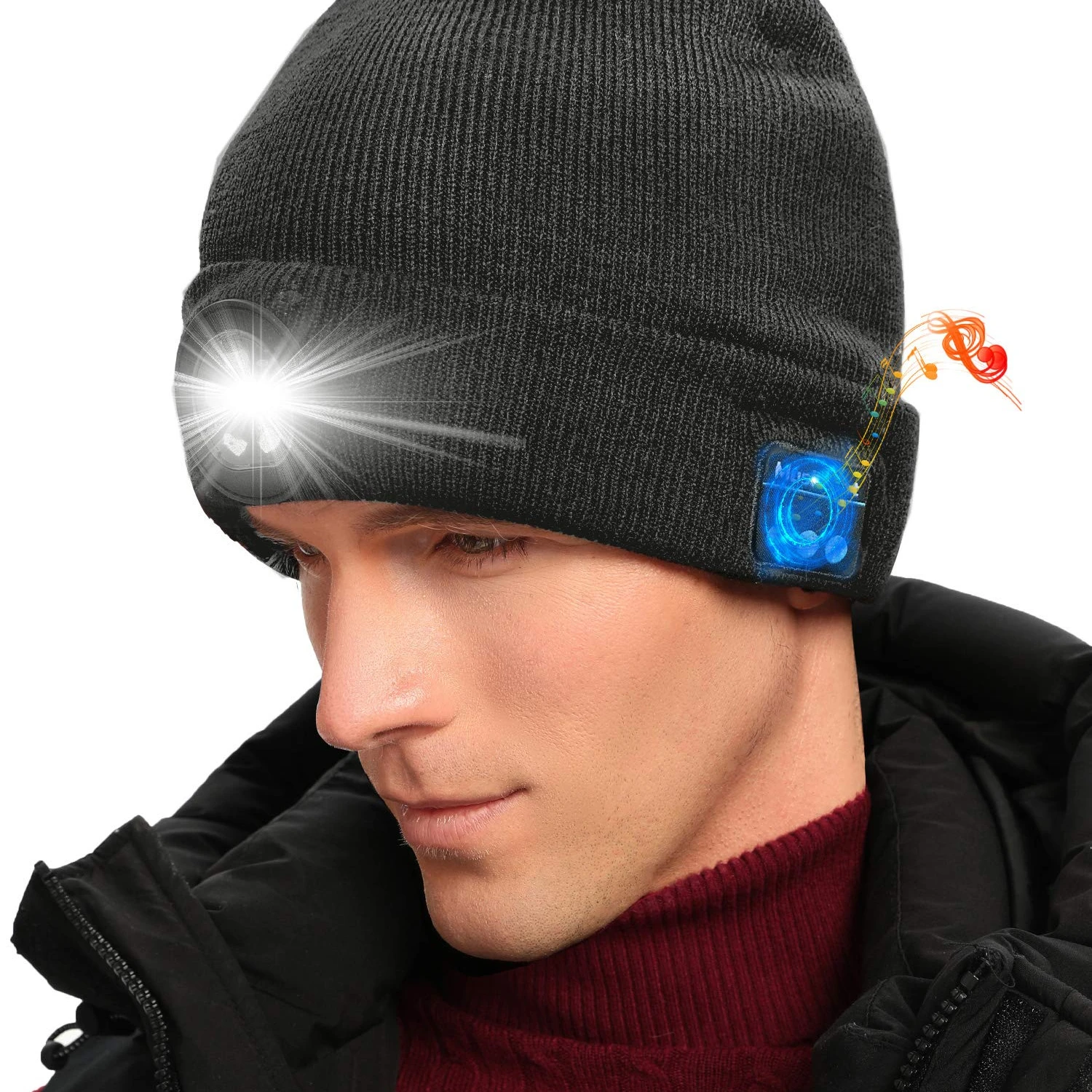 Warm  LED 5.0 Bluetooth Music Hat Wireless Beanie Headlight Handsfree Winter Unisex Knitted Cap for Running Skiing Camping