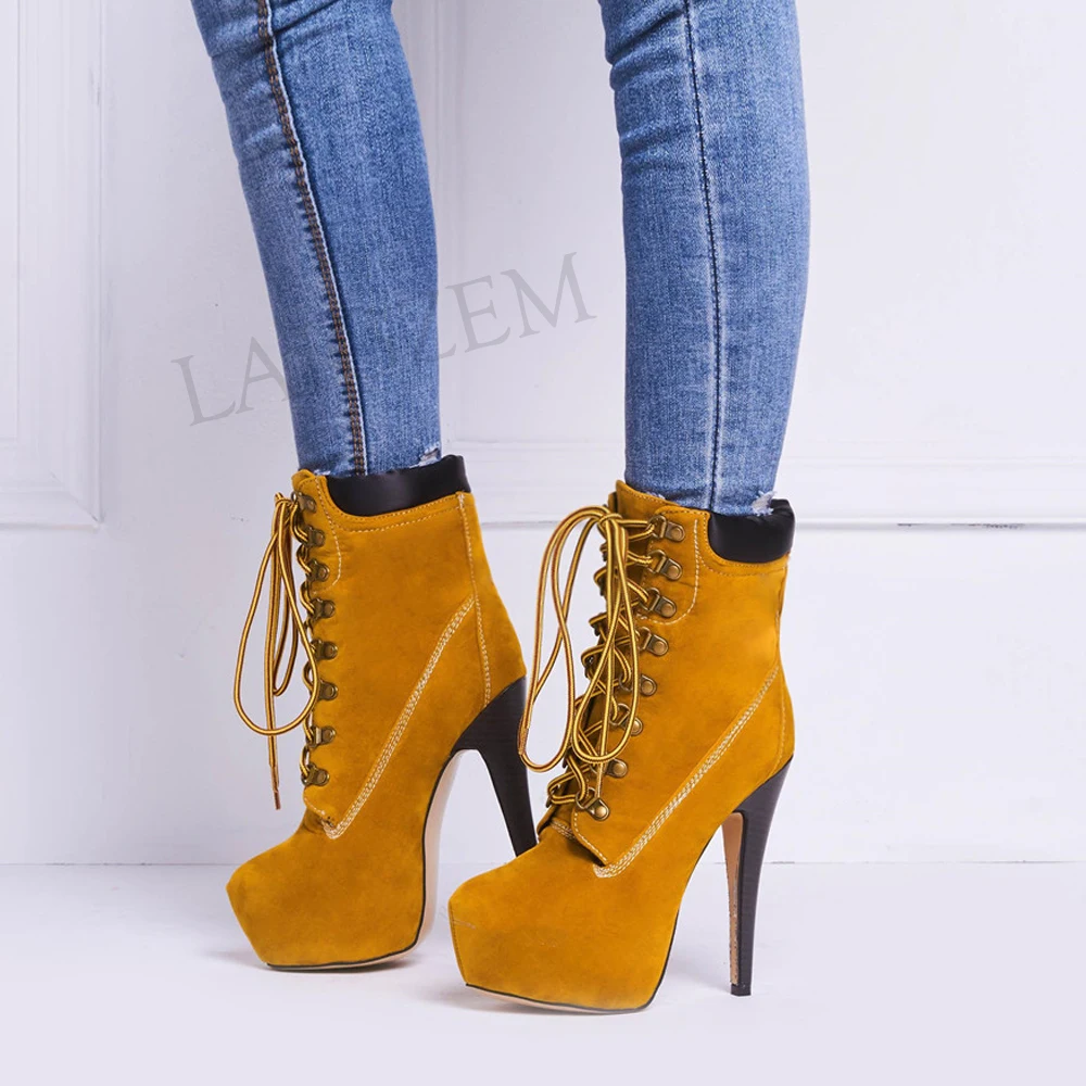 LAIGZEM Women Platform Booties Stiletto Heel Lace Up Ankle Boots Chaussure Shoes Woman Botas Mujer Ladies Large Size 39 46 50 52