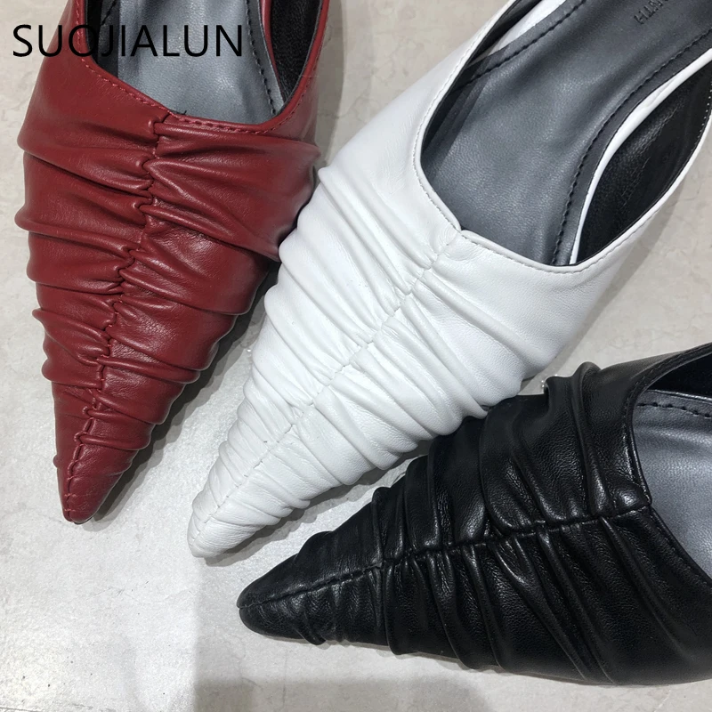 SUOJIALUN Fashion Brand Women Slipper Pointed Toe Slip On Mules Thin Low Heel Slides Shoes Pleated Design Sandal Flip Flops