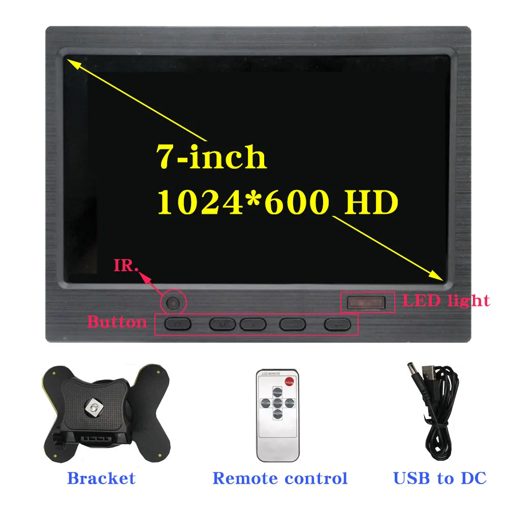 7-inch Portable display 1024x600 IPS screen AV camera monitor of Engineering truck Harvester HDMI-compatible VGA D-SUB