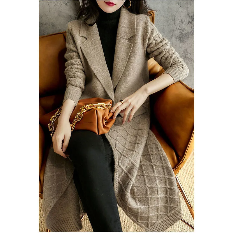 

2024 Suit Collar Knitting Sweater Women High-end Overcoat Coat Long Sleeve Spring Autumn All-match Fashion Knit Cardigan Female