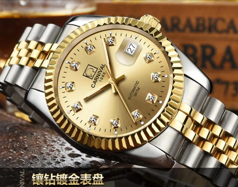 Carnival Men Automatic Watch Gold Plated 25jewels Date Luxury Mechanical Watch Gift