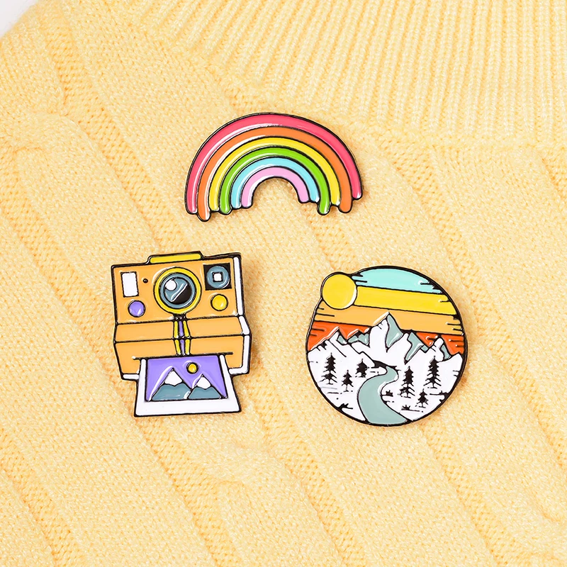 Rainbow sunset Mountains retro polaroid camera film tape creative brooch cartoon pin pendant fixed clothes bag accessories badge