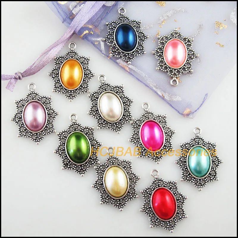 10 New Oval Charms Tibetan Silver Tone Retro Mixed Acrylic Pendants 23x29mm