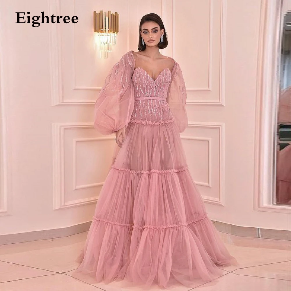 Eightree Glitter สีชมพูสายงานแต่งงานชุด Gowns Spark Full แขนยาวอย่างเป็นทางการคนดัง Evening Night Dresses 2022