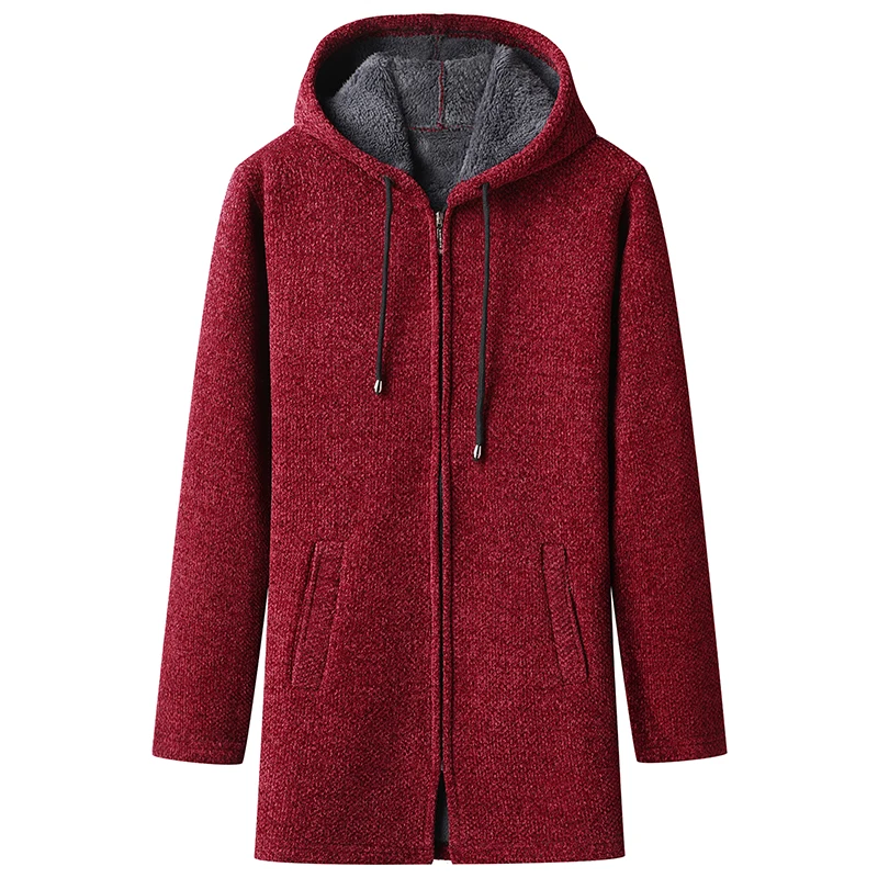 Men's Cardigan Autumn Winter Mid-length Windbreaker Jacket Thick Fleece Wool Sweater Casual Thermal Knitwear Hooded Coat