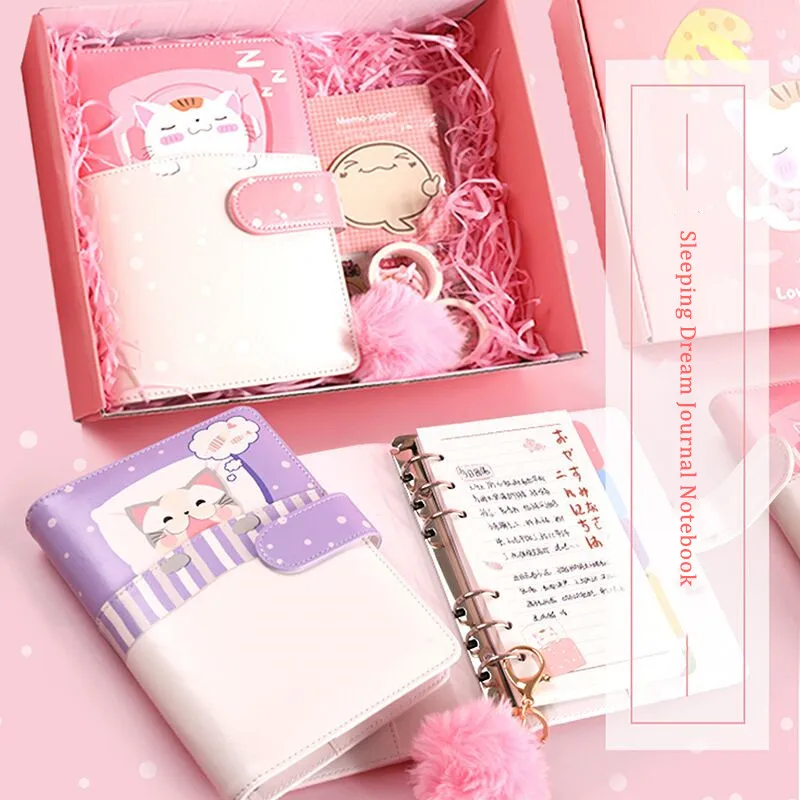 Sharkbang New Arrival Sleeping Dream Cat 80 Sheets A5 A6 PU Loose-leaf Diary Notebook Journals Agenda Gift Set Kawaii Stationery