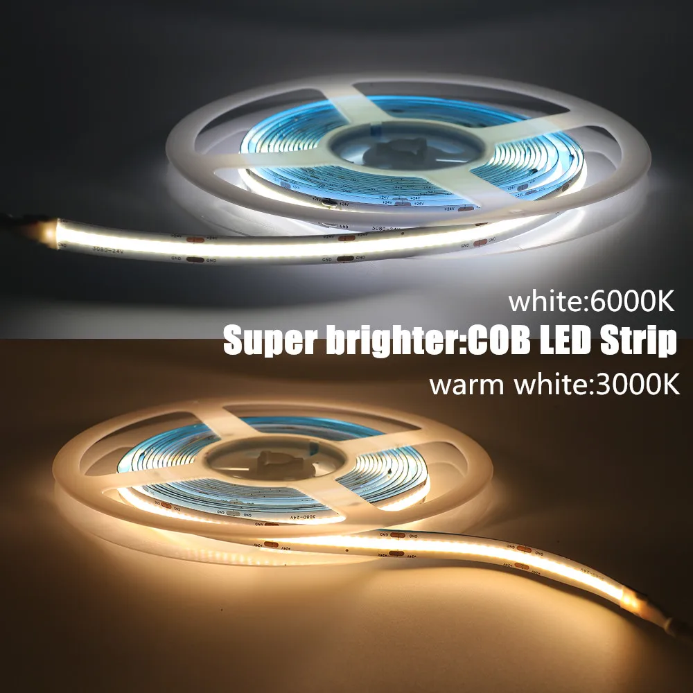 Ultra Bright COB LED Strip Light DC12V 24V Natural White/Red/Blue/Green FCOB Ribbon Flexible Tape Dimmable Commercial Light