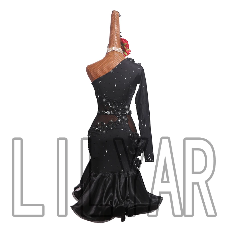 New Latin dance dress competition dress dress performance dress adult custom black rose oblique shoulder dance dress